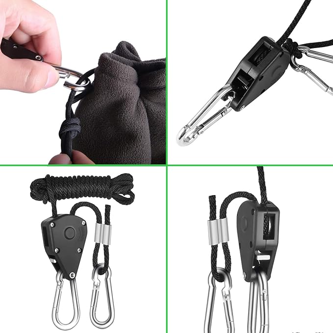 Rope Clip Hanger, 12 Packs 1/8 in Reinforced Adjustable Height Anti-Loose Design Gears Clip for Growing Light Fixtures, Hanging Plants, 8 FT Length 150lbs Weight Capacity
