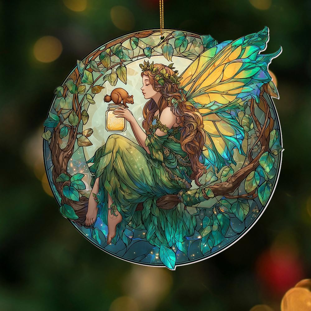 Fairy Ornament Acrylic Suncatcher – Enchanted Forest Fairy Sitting in Circle with Squirrel, Stained Glass Style Window Hanging Decor, Christmas Ornament Gift for Women, Fantasy Home Decor, (Sun-34)