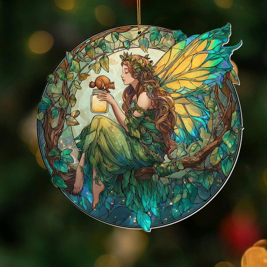 Fairy Ornament Acrylic Suncatcher – Enchanted Forest Fairy Sitting in Circle with Squirrel, Stained