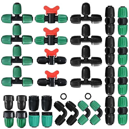 32Pcs 1/2 Inch Tubing Drip Irrigation Fittings Kit, 1/2 ID x 0.6-0.63 OD 16 mm Drip Line Barbed Locked Nut Connectors - 4 Switch Valves, 8 Tees, 8 Couplings, 4 Elbows, 4 Ends, 4 Adapters