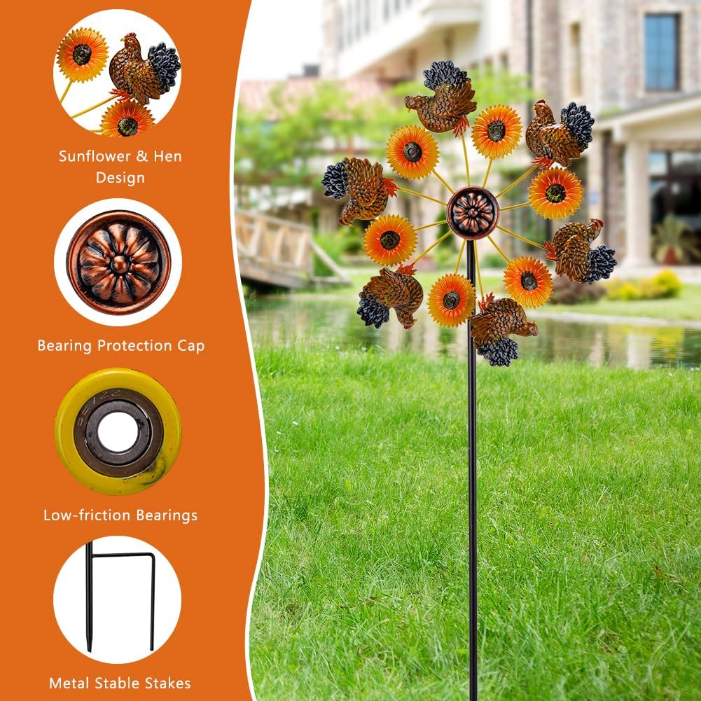 VEWOGARDEN 2PCS Wind Spinners Outdoor, Metal Wind Spinners with Sunflower and Hen Design for Yard Garden Lawn Thanksgiving Decorations