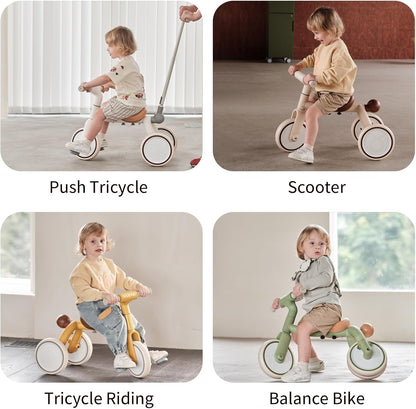4-in-1 Toddler Tricycle with Adjustable Push Handle for 1-4 Year Old,Birthday Gift and Toy for Boys and Girls Removable Pedals Balance Bike&Scooter (White)