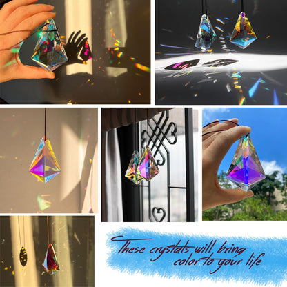 2PCS 5" Large Crystal Sun Catcher Prisms, STINO Hanging Suncatchers with Glass Prism, Rainbow Maker for Windows, Balcony, Kitchen, Garden Decoration (1, Chunky Cone 2Pcs)