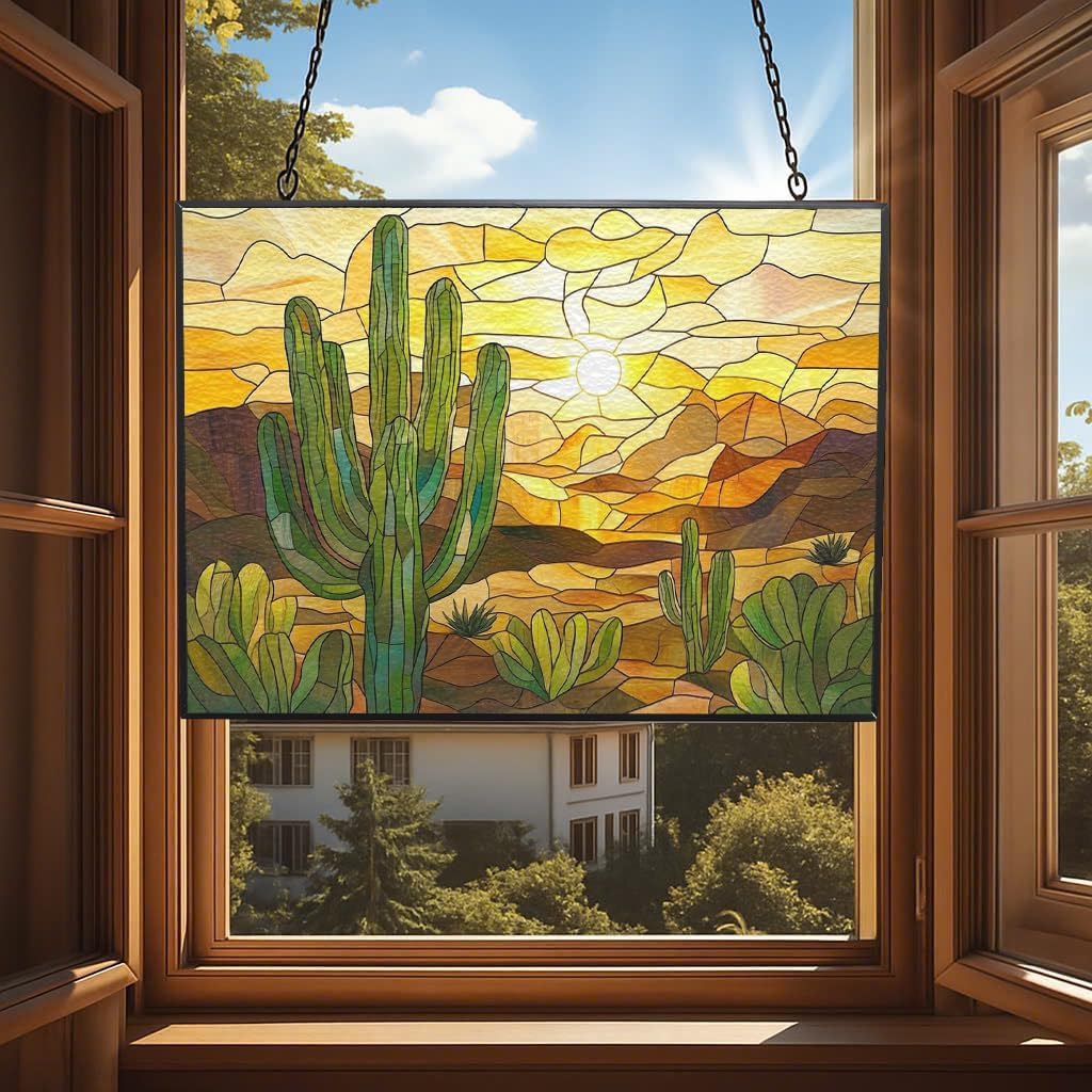 Customized Rectangle Boho Desert Cactus Stained Glass Window Hanging Suncatcher Stained Glass Home Decor Garden Halloween Christmas Party Wedding Housewarming Gifts