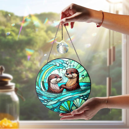 7.8" Otter Couple Stained Glass, Otter Lover Gift Suncatcher, Gifts for Couple Him Her Girlfriend Wife Husband, Valentine's Day Birthday, Window Hanging Home Decor ANI-10A-SG8