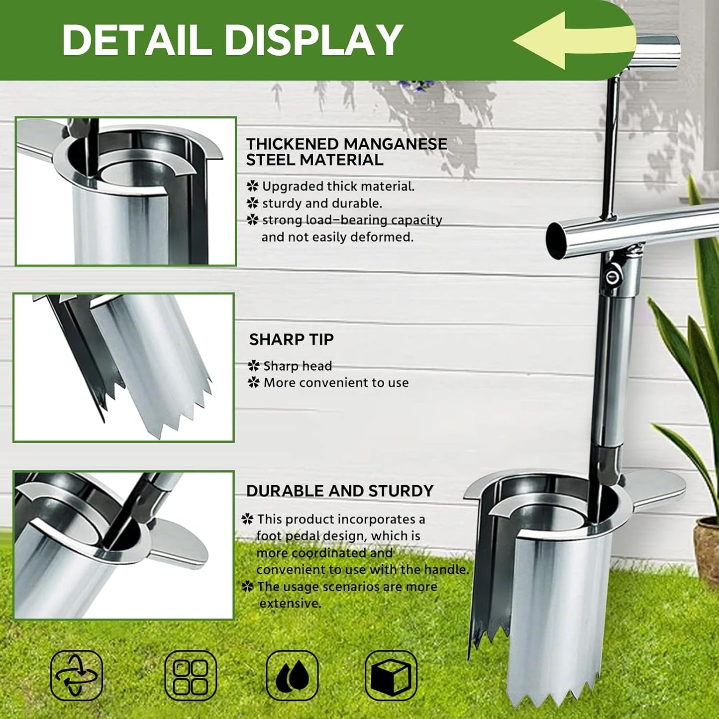 Bulb Planter Tool,new Stainless Steel plant seedling transplanter,Equipped with a foot pedal garden transplanter tool. Including plant support rods and twist ties,use for flowers fruit tree seedlings