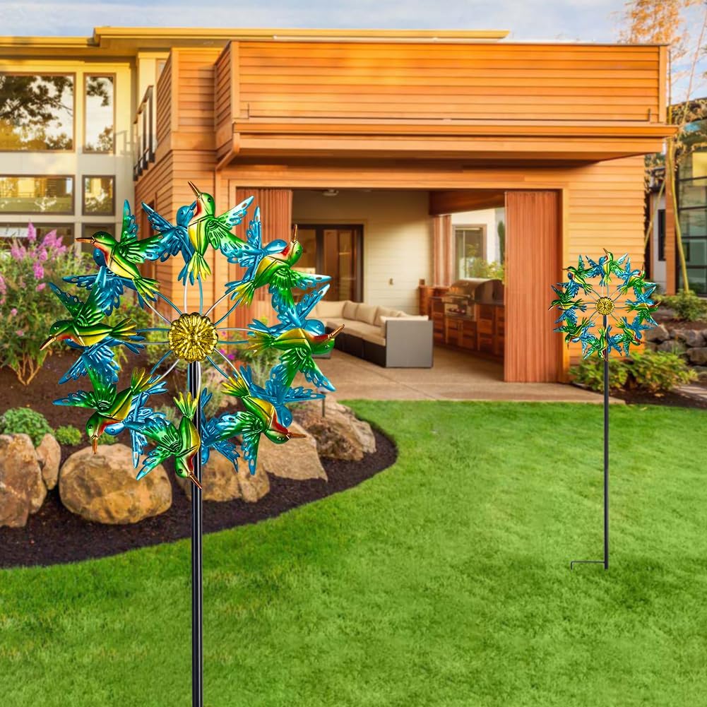 Viveta Wind Spinners for Yard and Garden, Hummingbird Wind Spinners with Metal Stake, 57.5" Double Wind Spinner Yard Art Decor for Patio Lawn Garden
