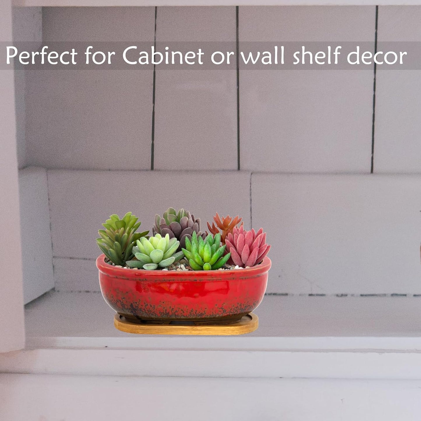 Succulent Pots, 7.9 Inch Long Rectangular Succulent Planters with Drainage Tray, Shallow Planters for Indoor Plants Ceramic Cactus Pots Glazed Bonsai Flower Plant Container for Home Windowsill Decor