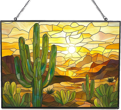 Customized Rectangle Boho Desert Cactus Stained Glass Window Hanging Suncatcher Stained Glass Home Decor Garden Halloween Christmas Party Wedding Housewarming Gifts