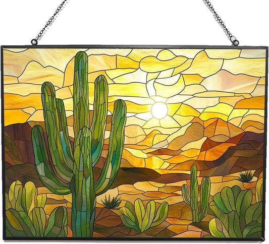 Customized Rectangle Boho Desert Cactus Stained Glass Window Hanging Suncatcher Stained Glass Home Decor Garden Halloween Christmas Party Wedding Housewarming Gifts