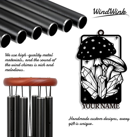 Personalized Customize Name Fantasy Mushroom Wonderland Wind Chime, Metal Iron 37 Inch Outdoor Memorial Gift for Garden Yard Patio Home Decor, Black (Style J)