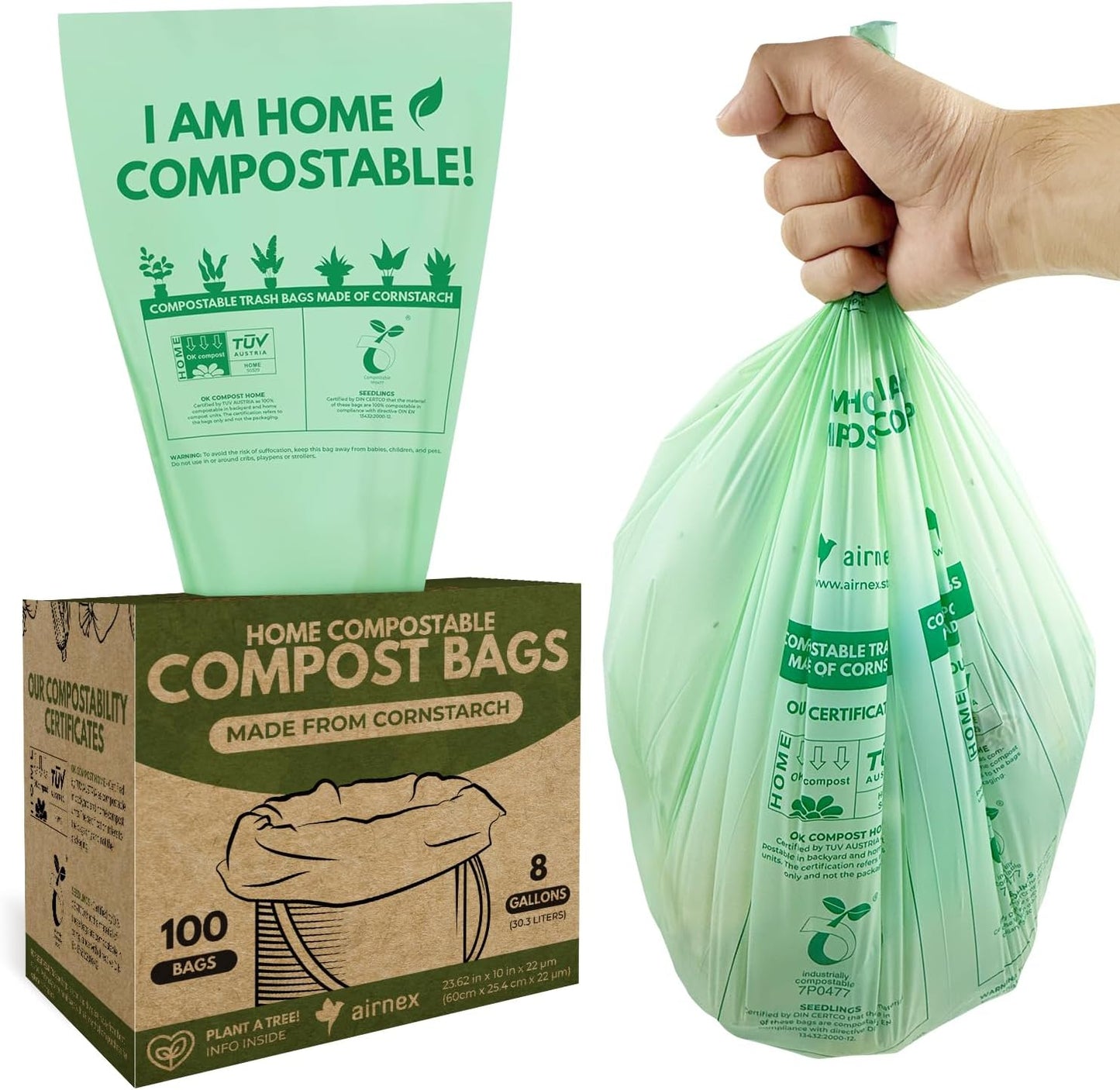 Compost Bags for Countertop Bin -Compostable Trash Bags made of Cornstarch - Leakproof & Tear Resistant Biodegradable Trash Bags - OK Compost Home & Seedlings Certified (8 Gallon, 100 Count)