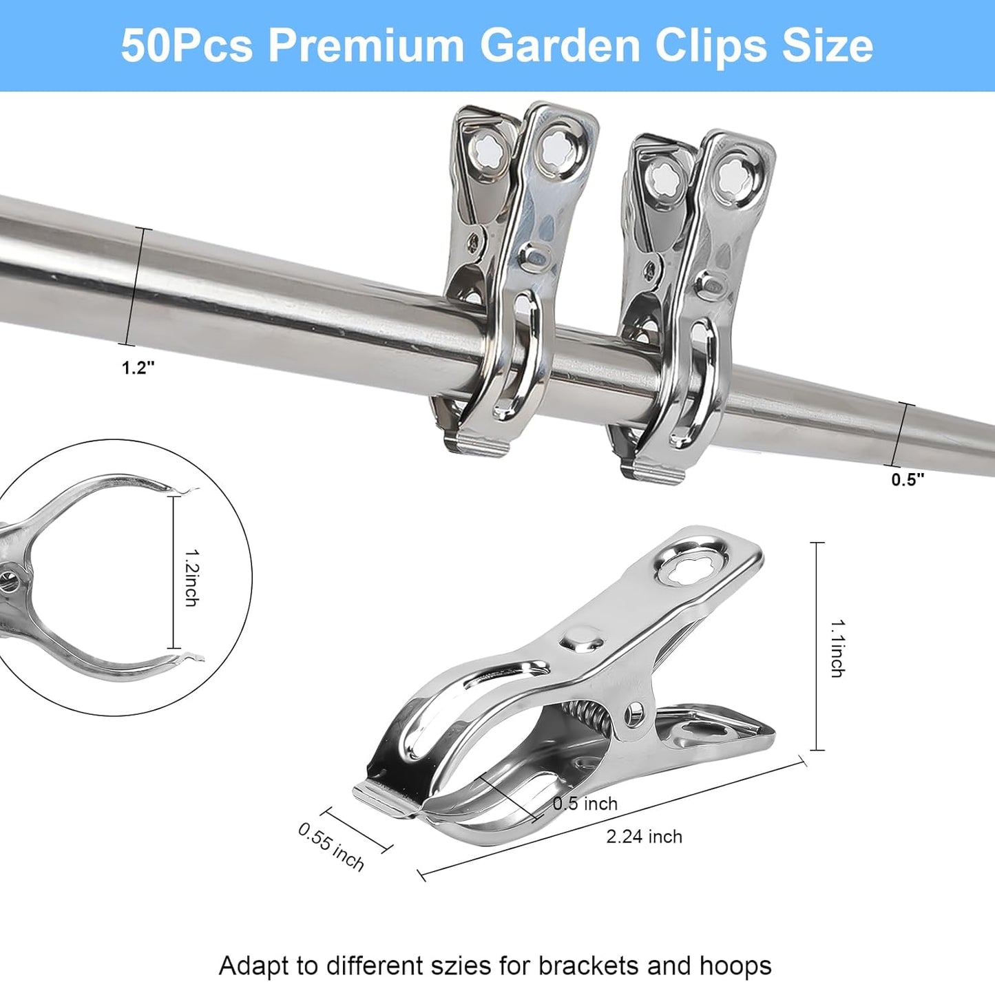 50 Pcs Garden Clips, 2.3 inch Greenhouse Clamps, Stainless Steel Greenhouse Clip for Netting, Heavy Duty Row Cover Clips with a Strong Grip for Shade Cloth or Plant Cover on Gardening Hoops karmiero