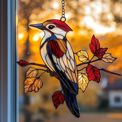 Red Woodpecker Acrylic Suncatcher Stained Glass Effect Window Car Hanging Christmas Ornament Indoor Outdoor Decor Garden Sun Catcher Panel for Acrylic Suncatcher Lover for Women Mom Grandma