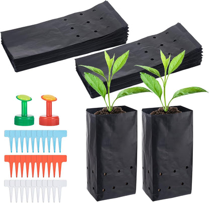 100 Pcs Nursery Growing Bags Seedling Starter Bags with 30 Plant Labels & 2 Mini Watering Sprinklers Plant Grow Bags Plants Pots Plastic Pouches for Garden Trees,Flowers, Vegetable(9.2x4.9x3.5 Inch)