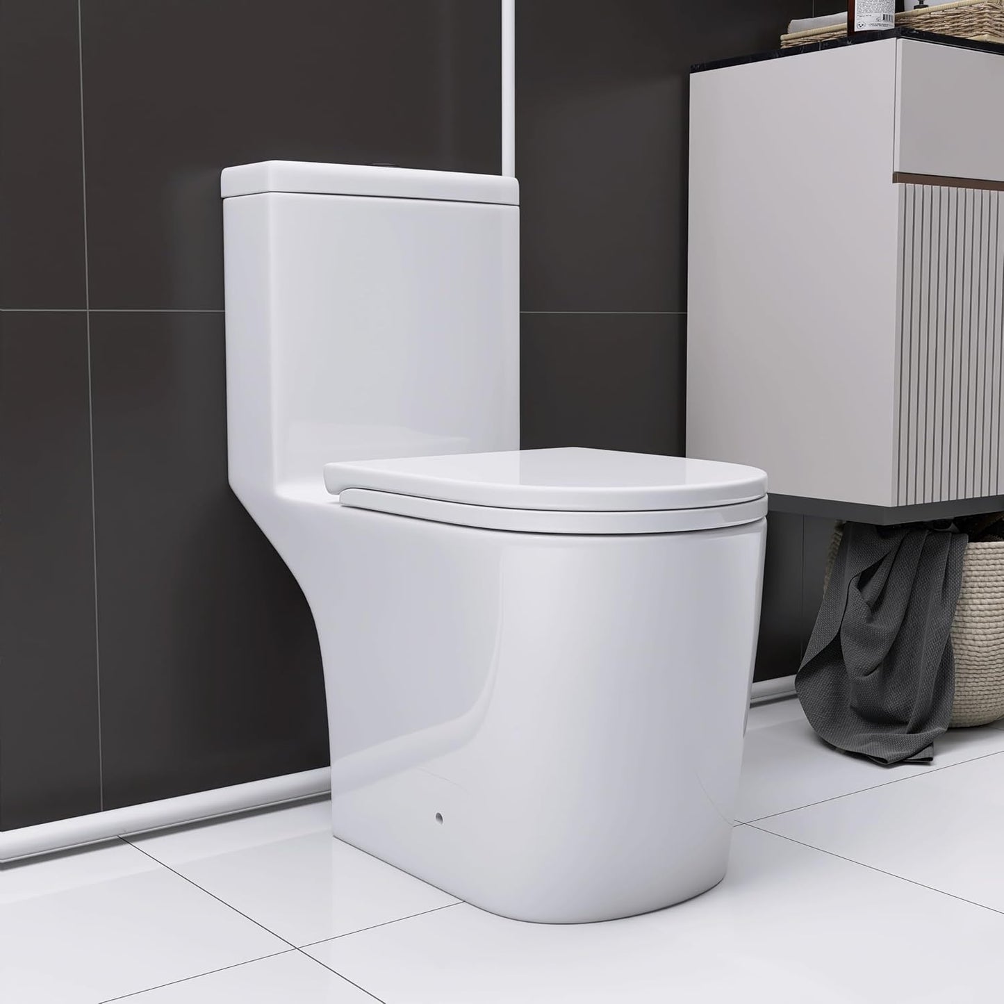 WinZo 450W Macerator Pump Toilet For Basement,Elongated 17-inch Tall Comfort Seat,Powerful Macerating Toilet System With 3 Water Inlet & Ac Vent