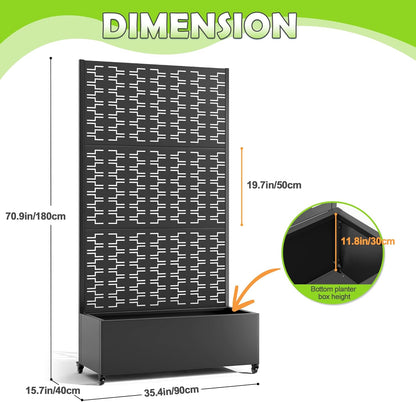 15.7"×70.9"×35.4" Metal Raised Garden Bed with Trellis and Wheels - Tall Trellis Planter Box for Climbing Plants, Vegetables & Vines - Outdoor Privacy Planters for Patio (Black-Brick)
