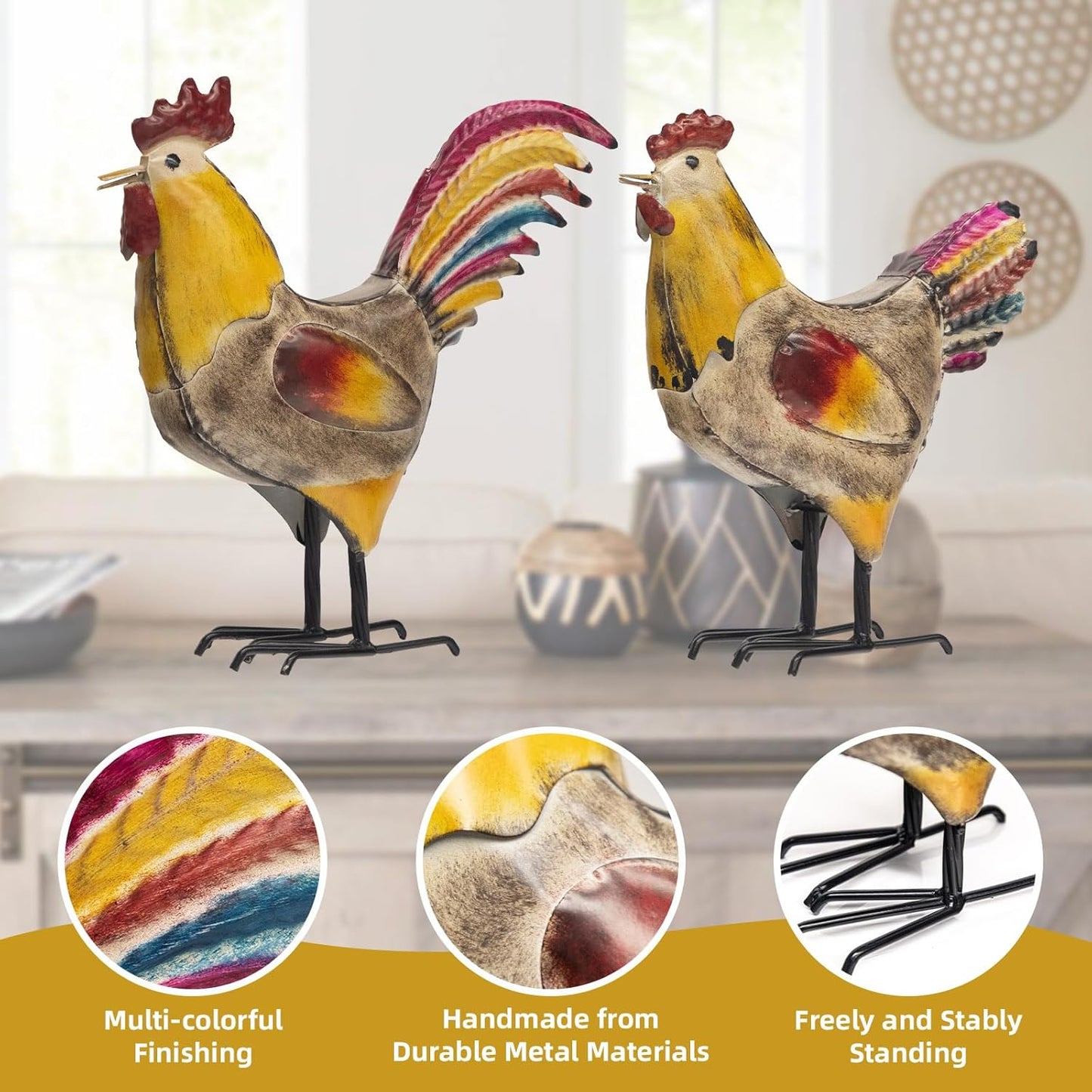 MODE HOME 2 Piece Metal Rooster Yard Decor Set, 12" Outdoor Chicken Statue for Garden, Farmhouse and Patio, Hand-Painted Metal Chicken Figurine, Rustic Chicken Yard Art and Outdoor Rooster Decor