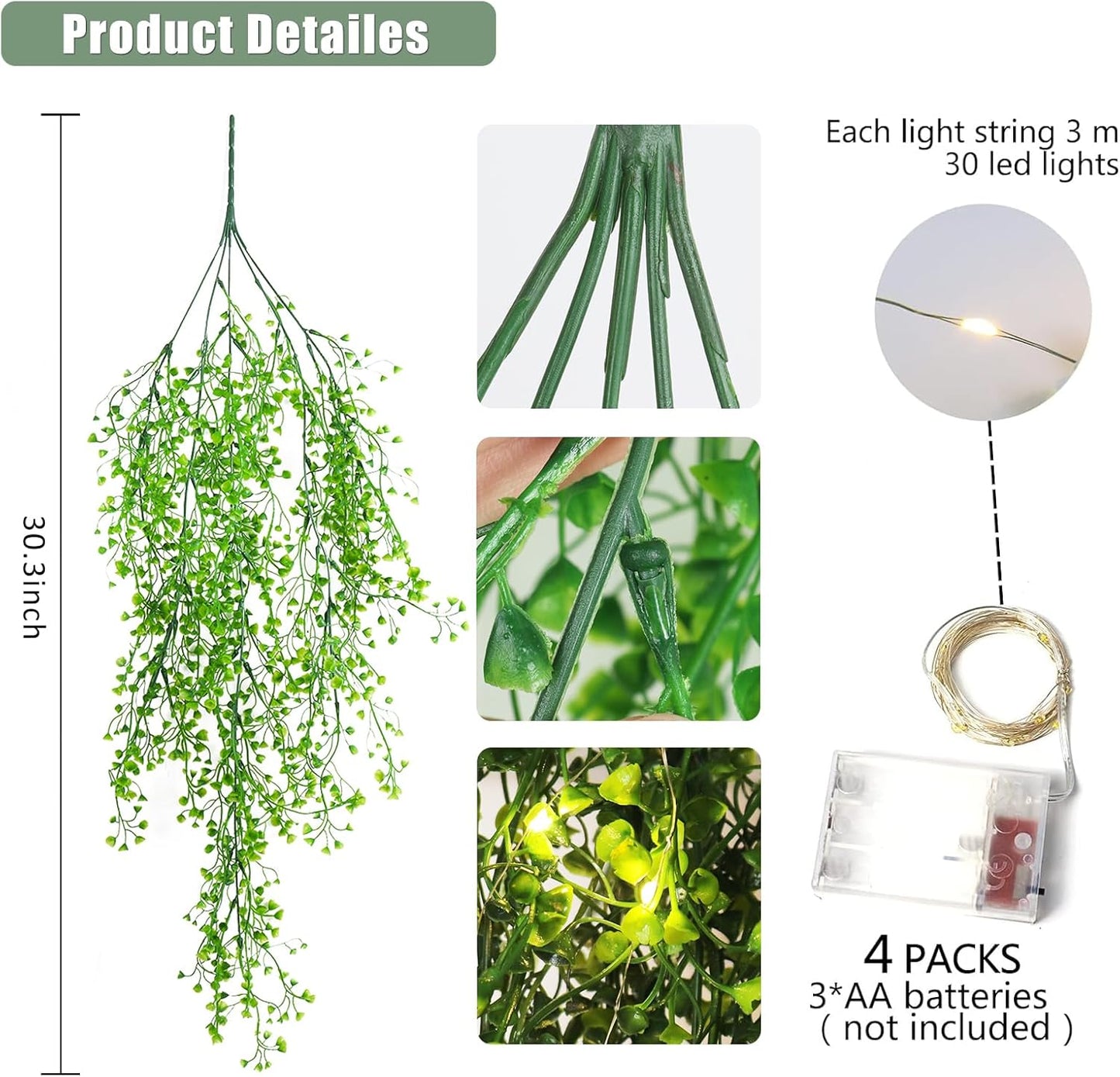 RECUTMS Pack of 4 Ferns Artificial Plants Large Artificial Hanging Plants Faux Ivy Vine Fake Greenery Wall Plants with LED Lights for Room Garden Patio Porch Bathroom Kitchen Decor (Green)