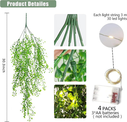 RECUTMS Pack of 4 Ferns Artificial Plants Large Artificial Hanging Plants Faux Ivy Vine Fake Greenery Wall Plants with LED Lights for Room Garden Patio Porch Bathroom Kitchen Decor (Green)