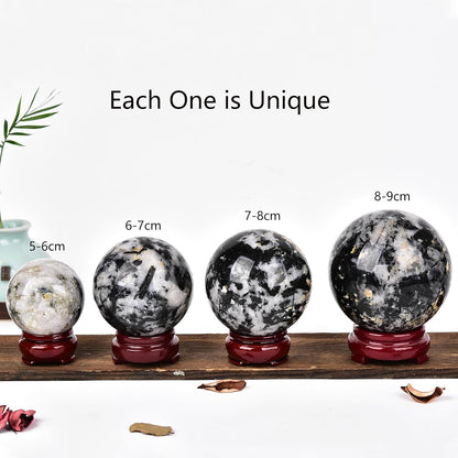 JIC Gem Black and White Tourmaline Crystal Sphere with Wooden Stand,Decorative Crystal Ball Black&White Gemstone Sphere for Meditation,Feng Shui,Witch-Style Decor,Office Table Decorations 70-80mm