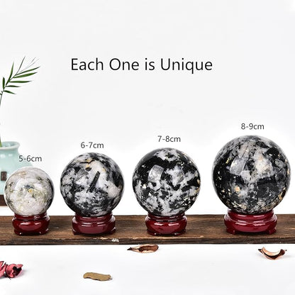 JIC Gem Large Black&White Crystal Sphere with Stand Black and White Tourmaline Crystal Ball Sphere Gemstone Decorative Ball for Home Decor Altar Reiki Feng Shui Crystal Gift 80-90mm
