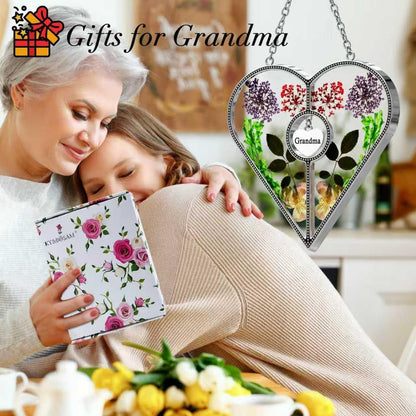 KY&BOSAM Heart Suncatcher Grandma Gifts Stained Glass Panels for Windows Hangings Wind Chime, Pressed Flower and Metal I Love You Heart Charm Windows Indoor Christmas Trees Wedding Party Home Decor