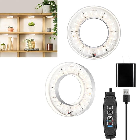 Ceiling LED Plant Growth Lights for Indoor Plants, Warm+White Full Spectrum 3.54" Grow Lamps for Plant Growth with 6/12/16H Timer, 3 Spectral Modes, 10 Dimmable Levels, Halo Angel Ring White (2 Head)