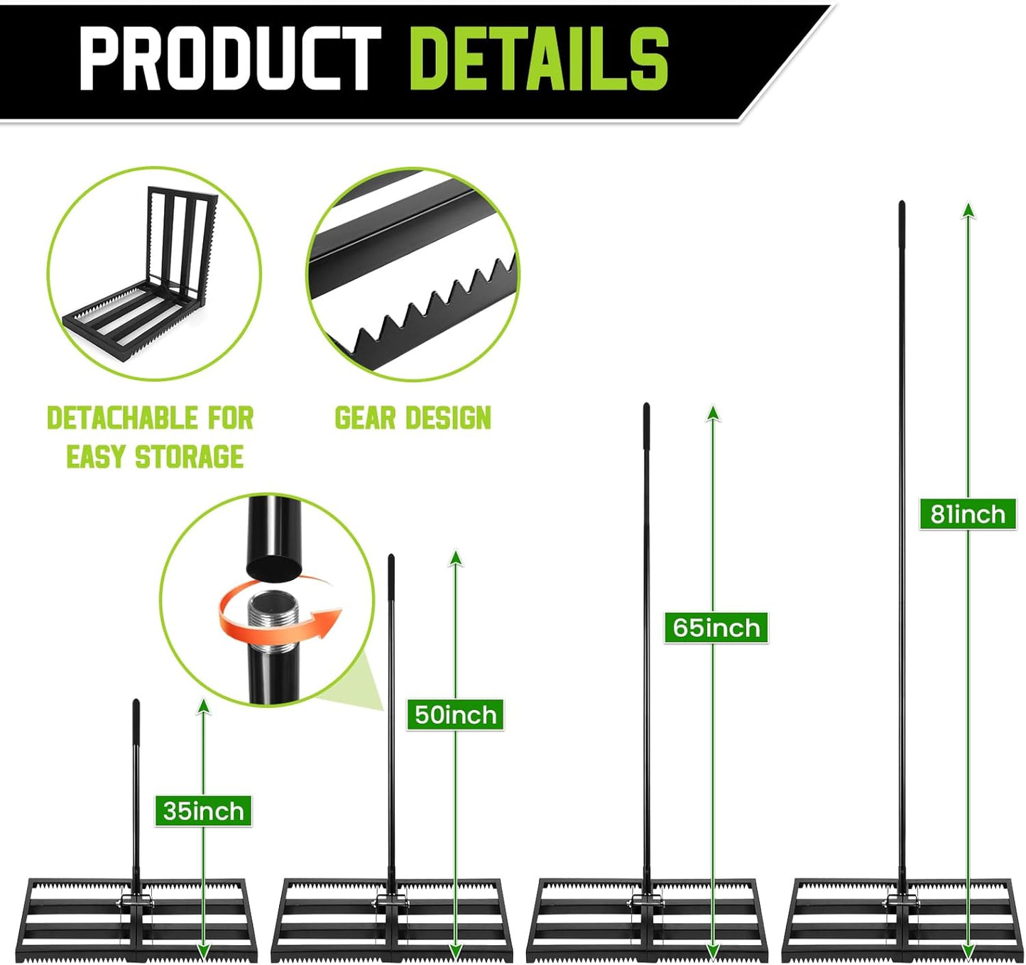 Lawn Leveling Rake with Teeth,Yard Ground Leveler 30”x10” Heavy Duty Leveler,Anti Flipping Smooth Edge,16-77" Adjustable, for Sand,top Soil Dressing,Yard Landscape,Ground Soil, Dirt,Grass