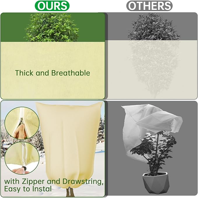 Frost Cloths for Outdoor Plants, 60" X 70" Plant Covers for Winter, 2 Packs Frost Blankets for Outdoor Plants, Frost Cover with Zipper Drawstring | Plant Covers Freeze Protection