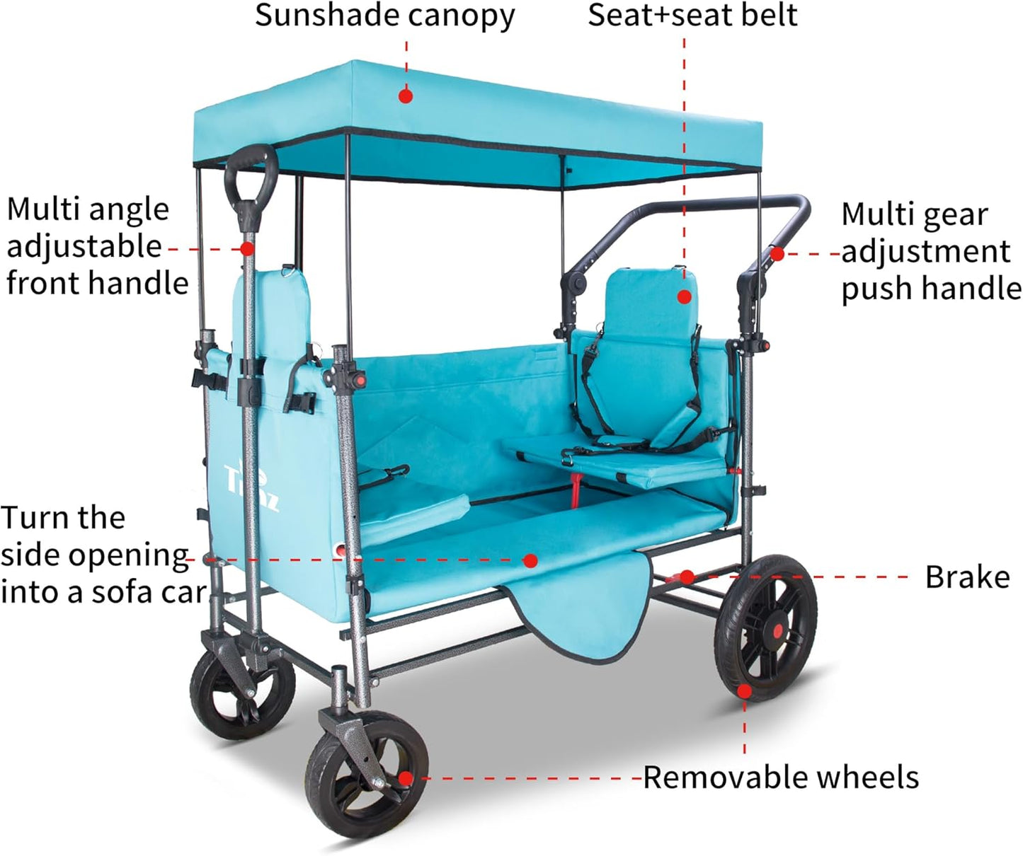 TMZ Collapsible Wagon Cart with Side-Opening Seat Conversion Design, Foldable Utility Wagon with 2 Seats, Heavy Duty Wagon 265 lbs Load Capacity (Turquoise)