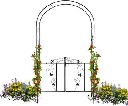 Metal Garden Arch with Gate - Garden Arbor with Gate, Garden Arbor Trellis w/Door for Climbing Plants, Rose, Vine, Wedding, Garden Trellis Arch for Outdoor, Lawn, Backyard, 7'H X 3.6'W, Black