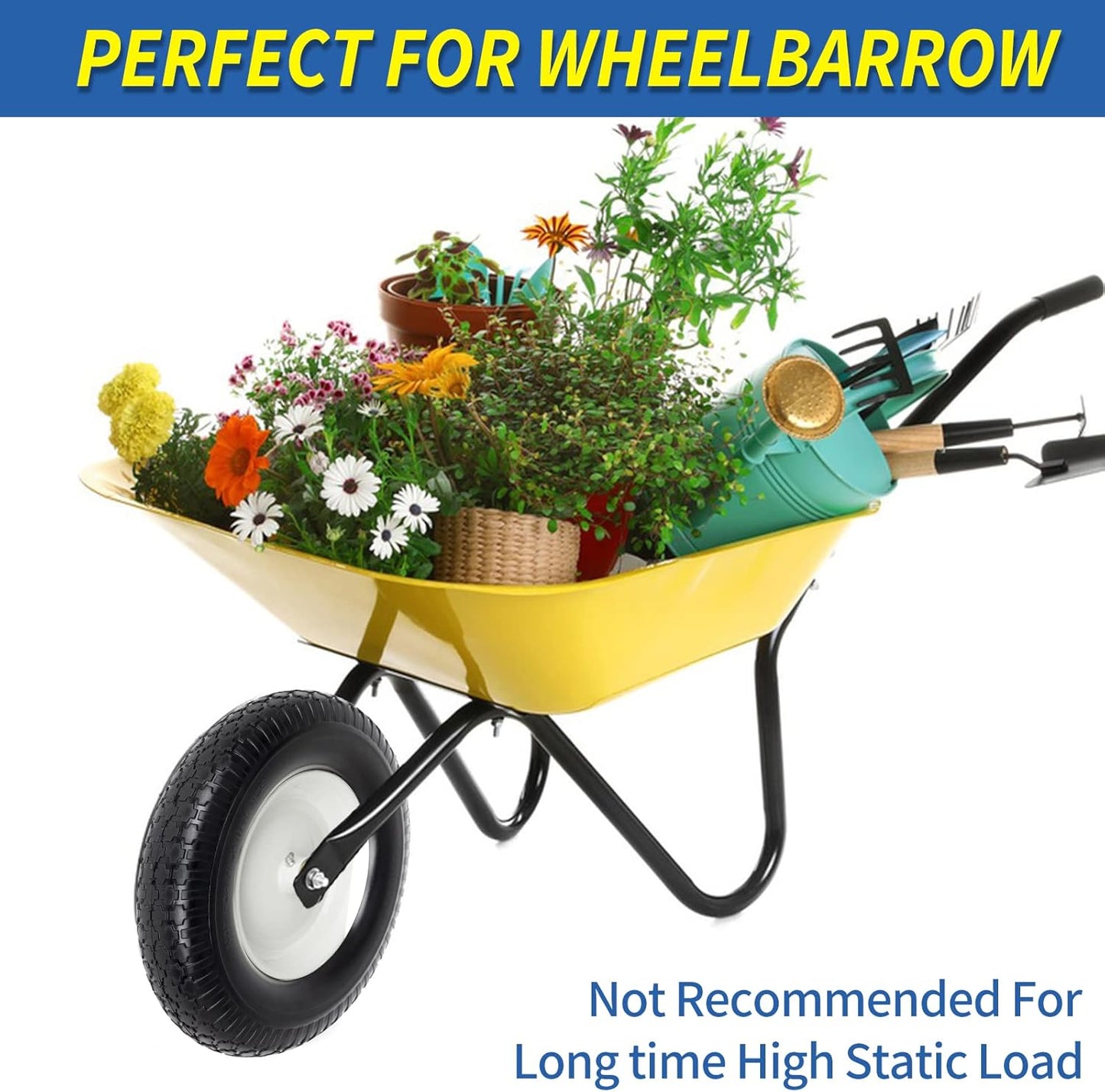 4.80/4.00-8" Wheelbarrow Tire, 16" Flat-Free Solid Tire and Wheel, 3" Centered Hub, 5/8" Axle Bore Hole,for Garden Wagon Cart Trolley Dolly Replacement(2 Pack)