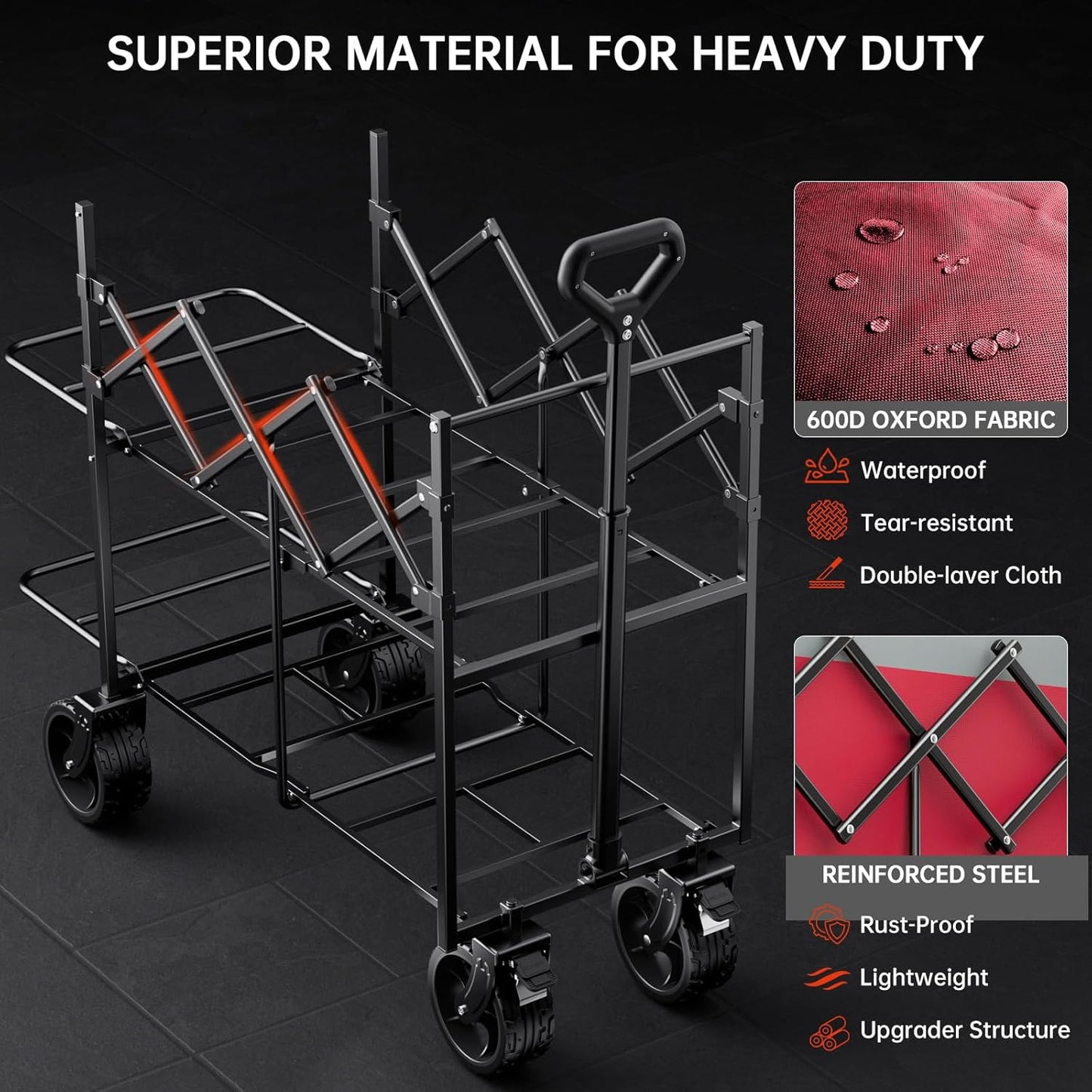 Double Decker Wagon 320L Large Capacity 400LBS Collapsible Sports Utility Cart with Big Wheels,Double Extended Tailgate Heavy Duty Folding Wagon Cart for Groceries,Camping,Outdoor-Rose Pink