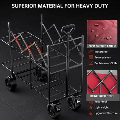 Double Decker Wagon 320L Large Capacity 400LBS Collapsible Sports Utility Cart with Big Wheels,Double Extended Tailgate Heavy Duty Folding Wagon Cart for Groceries,Camping,Outdoor-Rose Pink