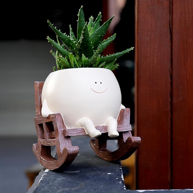 Face Planter Pots Cute Smile Flower Planter for Indoor Outdoor Plants Resin Rocking Chair Succulent Pot for String of Pearls Unique Gift on Mother's Day, Birthday, Christmas（Large）