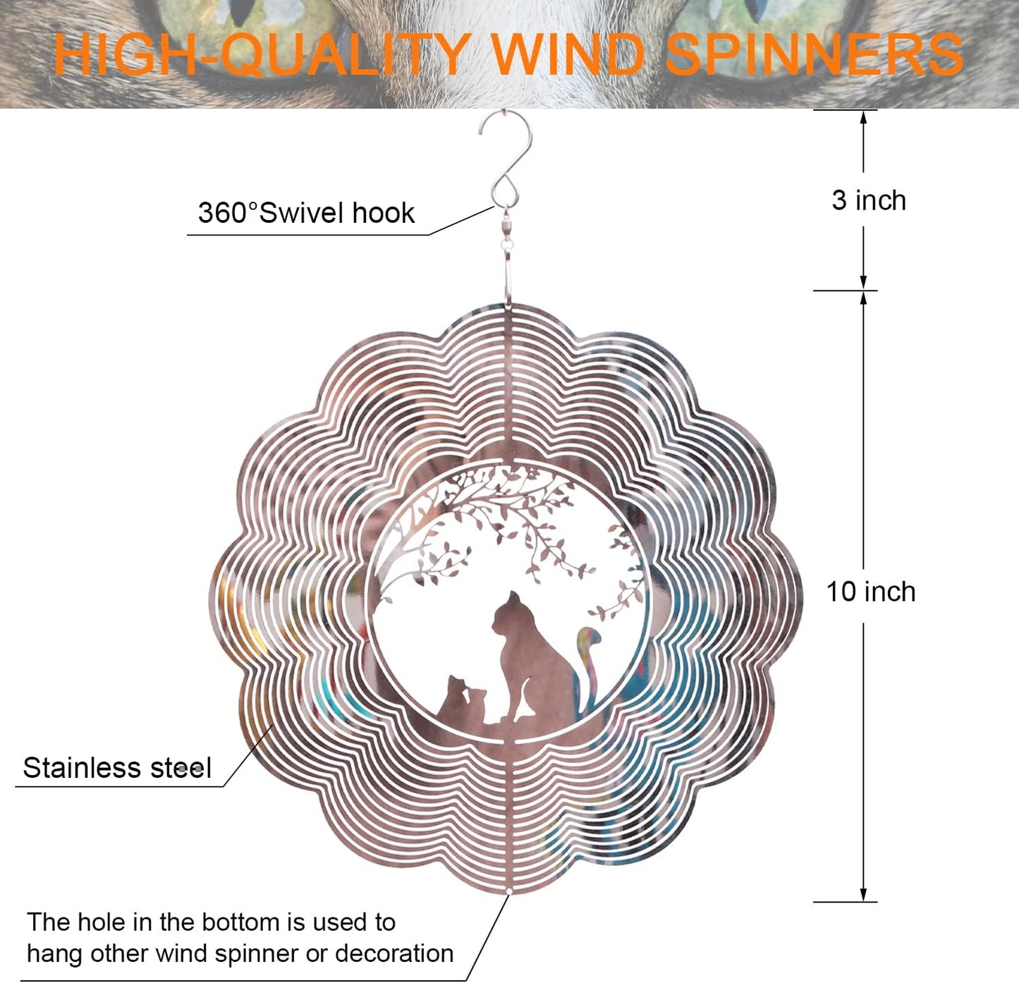 SPRING SONG Cat 3D Kinetic Wind Spinner for Yard and Garden Mirrored Stainless Steel Spinner Indoor and Outdoor Hanging Decor Crafts Ornament Gifts Kinetic Art Yard Garden Hanging Wind Spinner