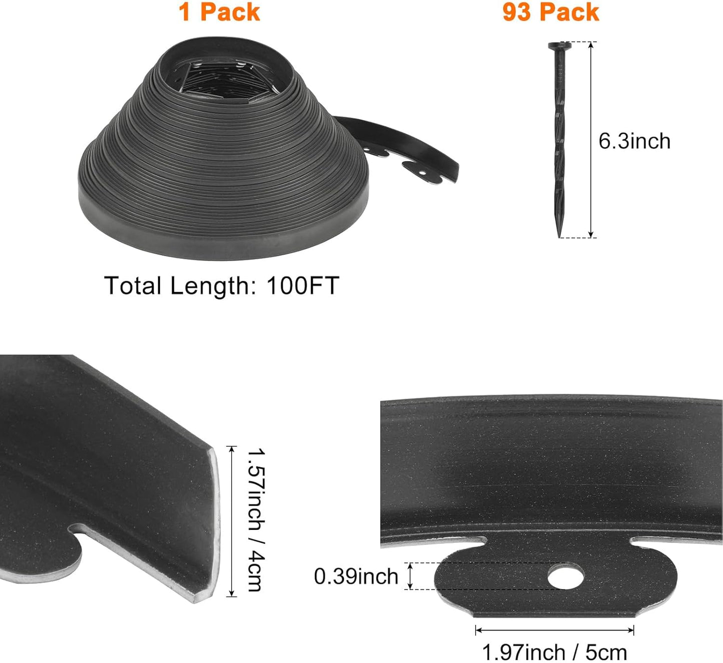 Garden Edging - 100 Feet Plastic Landscaping Edging Border with 93 Pack Spikes Apply to Flower Beds/Grass Lawn/Yard (1.57Inches Tall, Black)