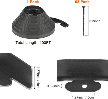 Garden Edging - 100 Feet Plastic Landscaping Edging Border with 93 Pack Spikes Apply to Flower Beds/Grass Lawn/Yard (1.57Inches Tall, Black)