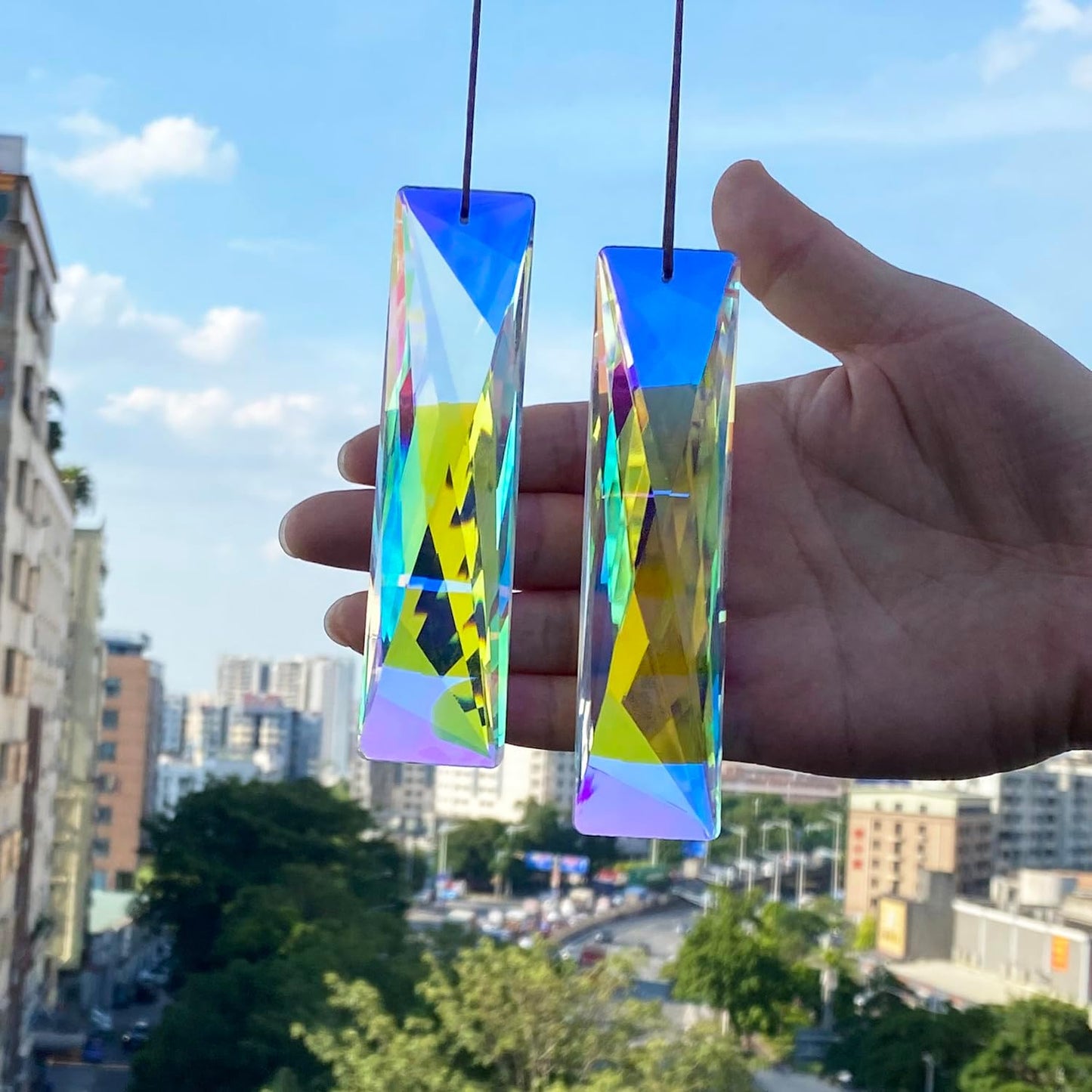 STINO 5" Large Hanging Prism Suncatcher for Window, Rectangle Crystal Stick Rainbow Maker Garden Pendant Sun Catcher Ornament (1, Net Rectangle ABColor 2Pcs)