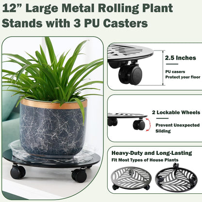 4 Packs Large Metal Plant Caddy with 3 PU Wheels 12" Heavy-duty Wrought Iron Rolling Plant Stands Indoor Outdoor Wheeled Plant Dolly Planter Mover Rollers Plant Trolley Cart, Plant Saucers Included