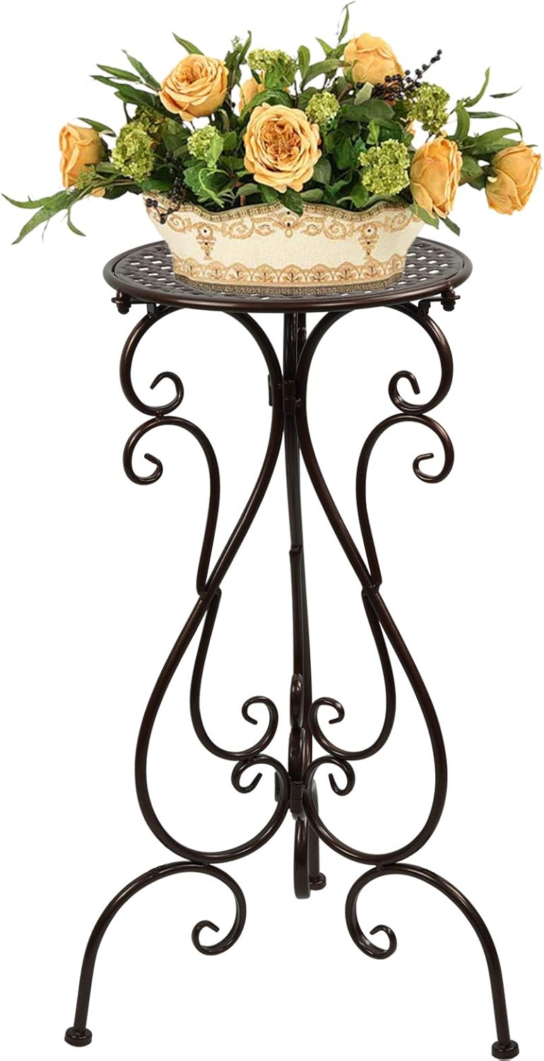 Metal Plant Stand Indoor Outdoor, Heavy Duty Flower Pot Stands 22.5 Inch Tall, Single Plants Pedestal Table for Planter Patio Farmhouse Garden Porch, Brown(1 Pack)