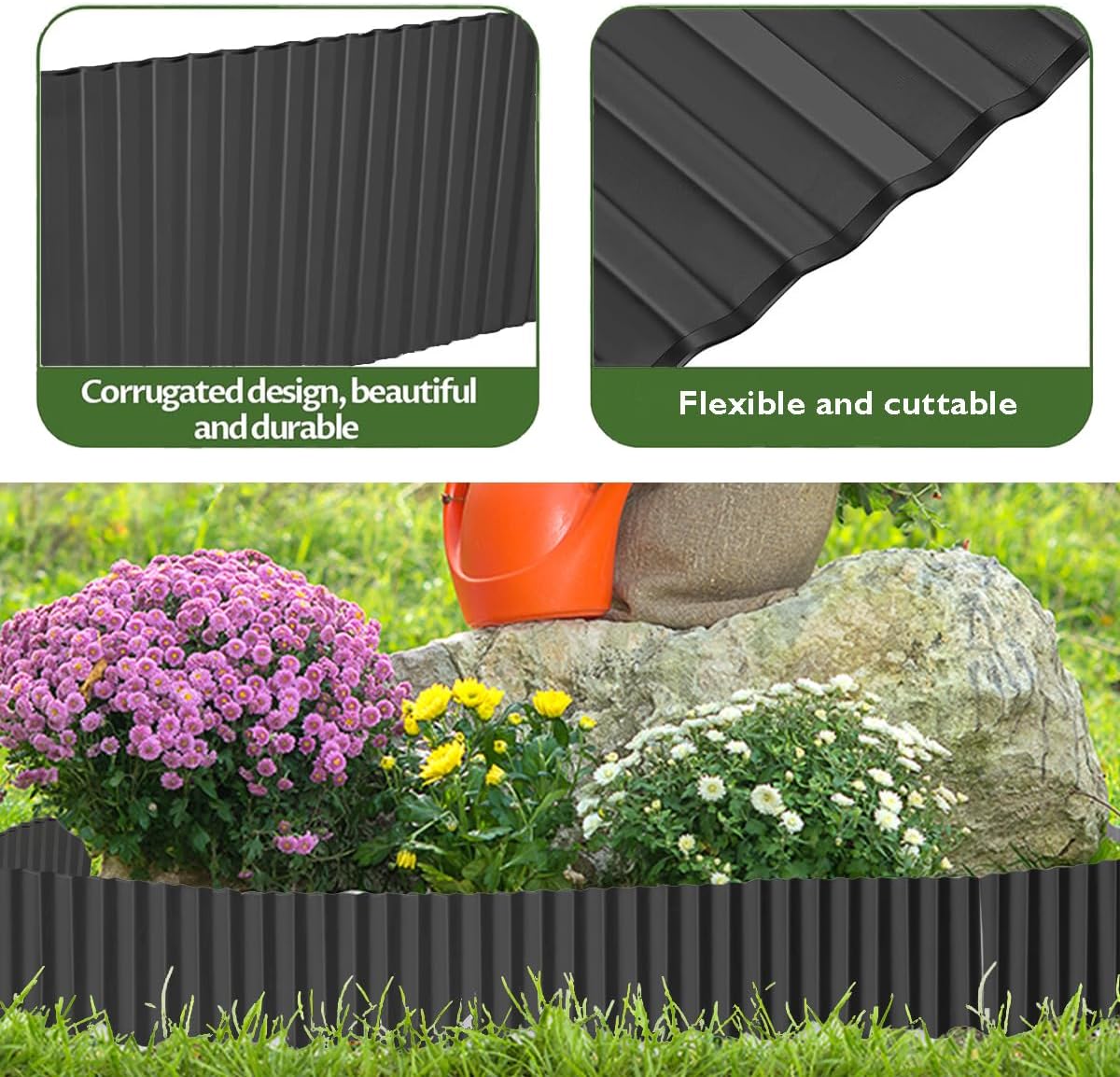 Corrugated Metal Garden Edging 6inch x 20ft, Landscape Edging Border, Flower Bed Edging Borders, Galvanized Edging Long Strips Yard Border for Lawn Edging Borders, Plants, Walkways (Black)