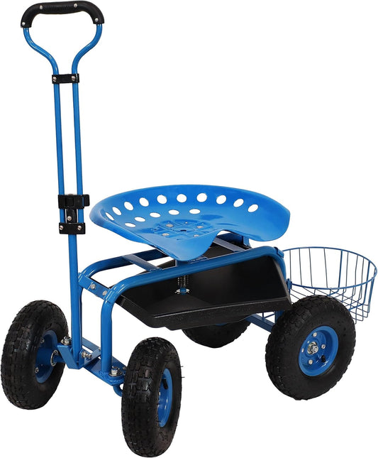 Sunnydaze Garden Cart with Wheels - Garden Stool on Wheels - Rolling Gardening Seat with Extendable Handle - Swivel Seat - Blue