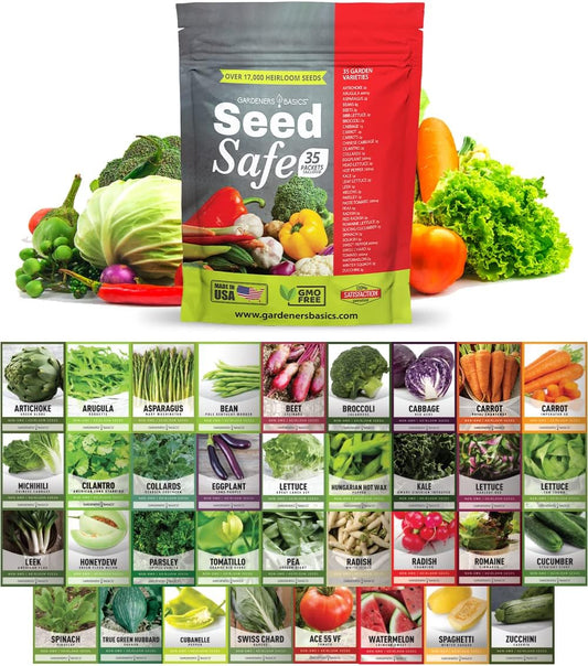 Gardeners Basics Seed Safe Kit – 35 Easy-to-Grow Heirloom Vegetable Seeds for Beginners – Non-GMO Garden Starter Set with 17,000+ Seeds – Perfect Gardening Gift for New Gardeners or Families