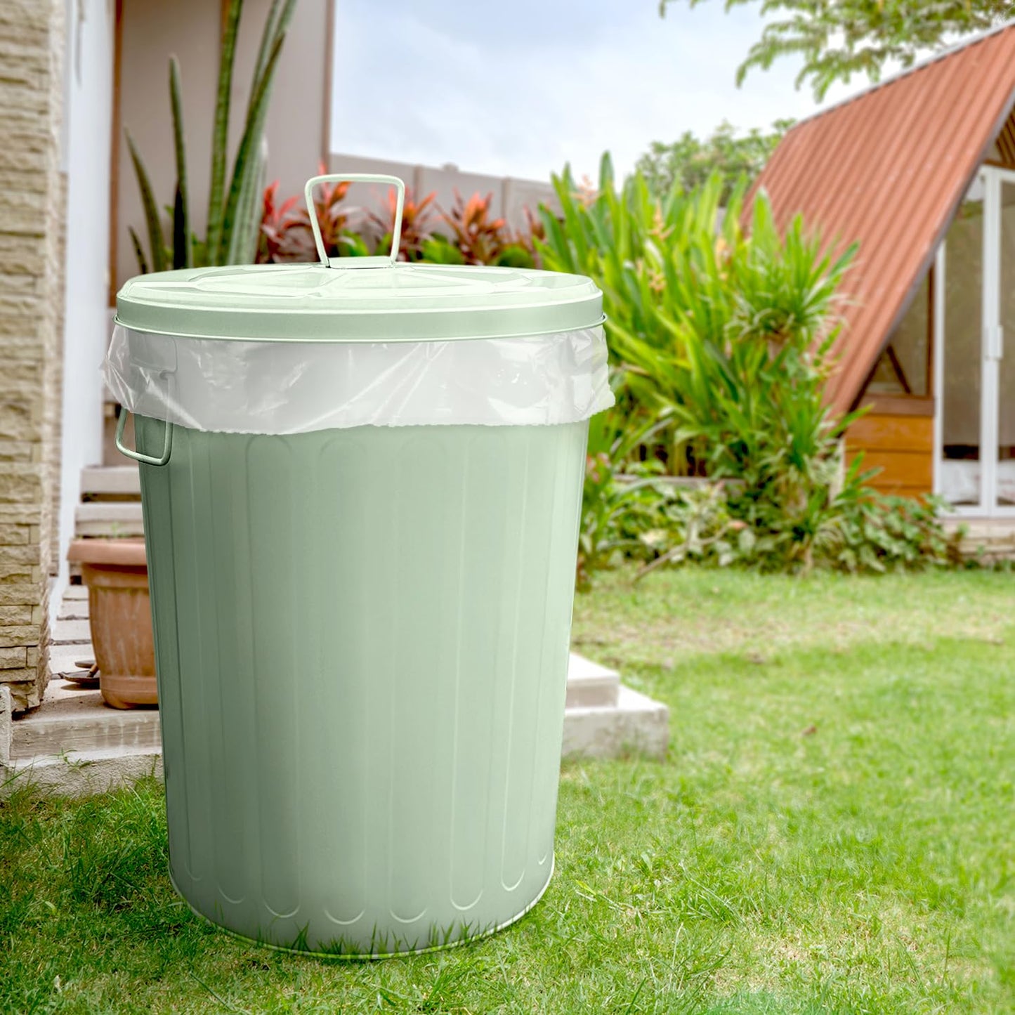 Plexon Large Metal Trash Can with Lid 20 Gallon, Decorative Outdoor Trash Can Heavy Duty Galvanized Metal Bucket with Lid for Garage Workshop Ash Storage Farmhouse, Green 3 Pack
