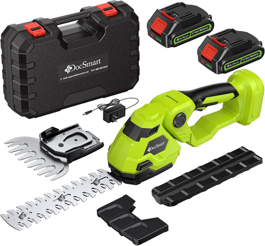 Hedge Trimmer Cordless with Battery, 2-in-1 Electric Handheld Grass Shear Cutter with 2 Pack