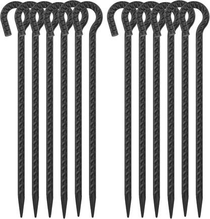 16 Inch Rebar Ground Stakes with Loop 1/2 inch Diameter Steel Tent Stakes (12 pcs), Heavy Duty Tree Stakes and Supports, Dog Tie Out Stakes, Metal Spikes for Outdoor Camping and Yard, Black