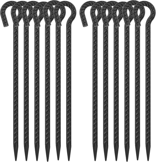 16 Inch Rebar Ground Stakes with Loop 1/2 inch Diameter Steel Tent Stakes (12 pcs), Heavy Duty Tree Stakes and Supports, Dog Tie Out Stakes, Metal Spikes for Outdoor Camping and Yard, Black