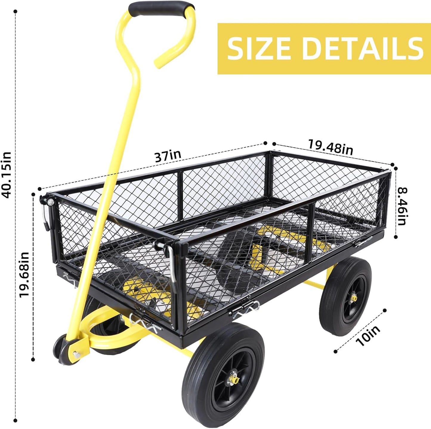Heavy Duty 480 Lbs Capacity Mesh Steel Garden Cart Folding Utility Wagon with Removable Sides (Black+Yellow)